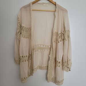 Evelyn K Cream Beige Boho Crochet Knit Trim Open Front Kimono Cardigan One Size